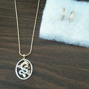 Gold and Diamond Dragon Pendant & Earrings